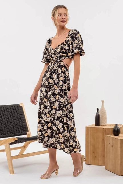 Floral Puff Sleeve Cut Out Midi Dress  BLACK MULTI