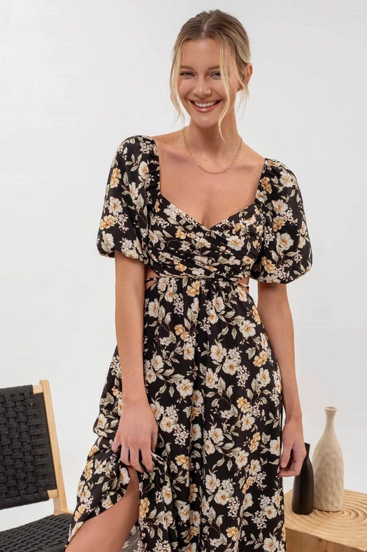 Floral Puff Sleeve Cut Out Midi Dress  BLACK MULTI