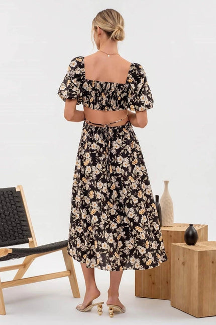 Floral Puff Sleeve Cut Out Midi Dress  BLACK MULTI