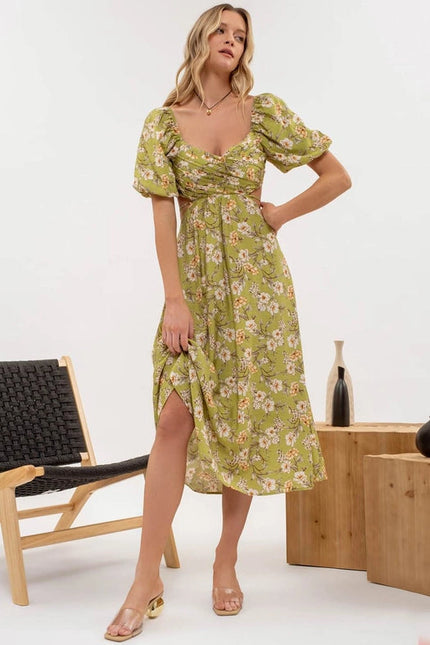 Floral Puff Sleeve Cut Out Midi Dress KIWI MULTI