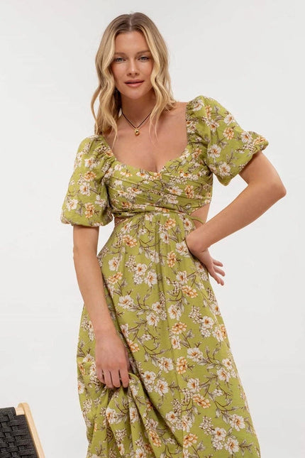 Floral Puff Sleeve Cut Out Midi Dress KIWI MULTI