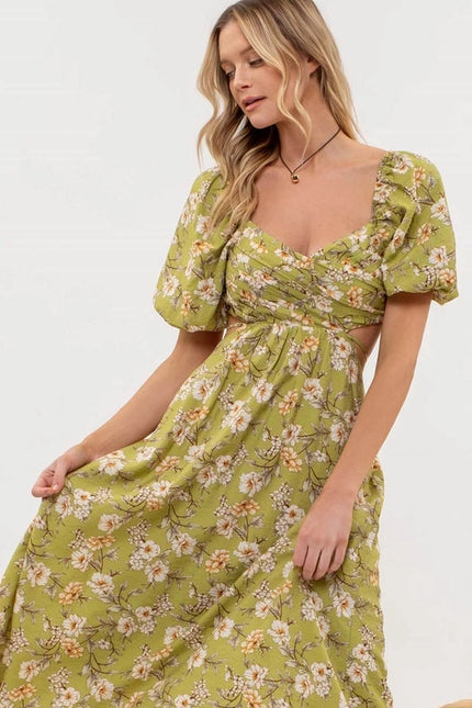 Floral Puff Sleeve Cut Out Midi Dress KIWI MULTI