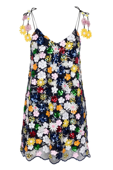 Floral Sequin Slip Dress - Black