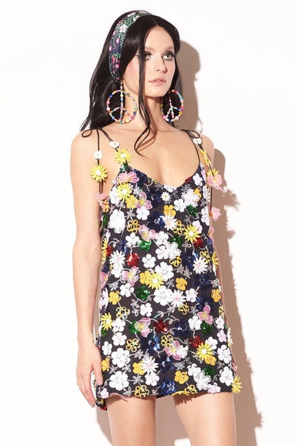 Floral Sequin Slip Dress - Black