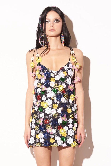 Floral Sequin Slip Dress - Black