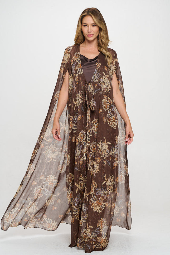 Floral Sheer Draped Long Kimono Cardigan with Front Tie-4