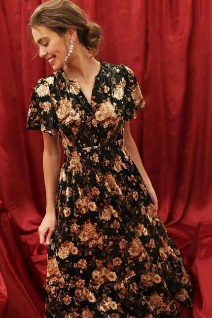 Floral Velvet Splice Shirred Waist Midi Dress