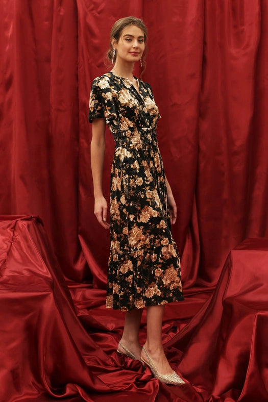 Floral Velvet Splice Shirred Waist Midi Dress