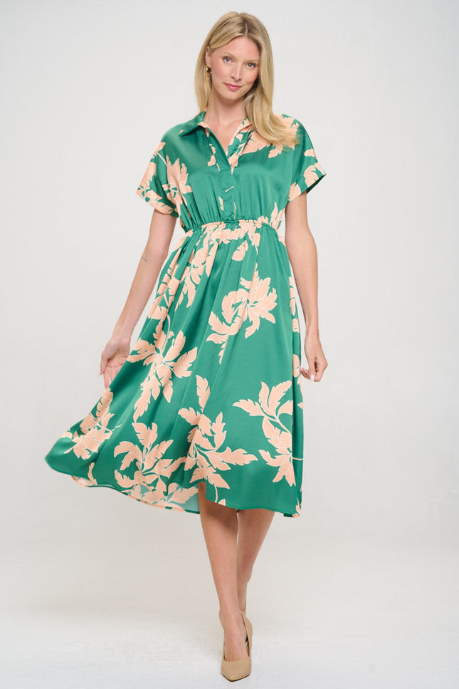 Flower Print Collared V neck Dress with Pockets-1