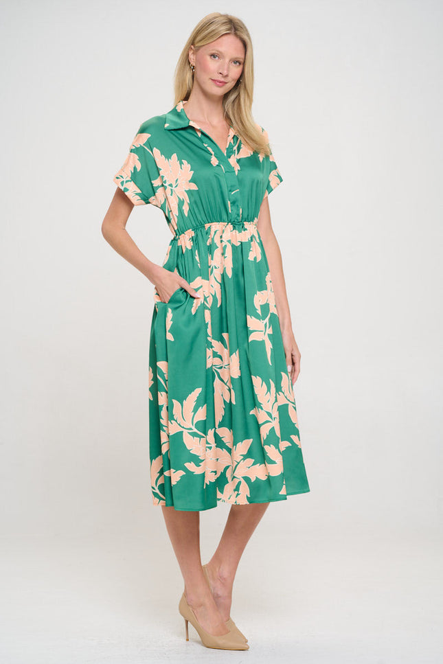 Flower Print Collared V neck Dress with Pockets-3