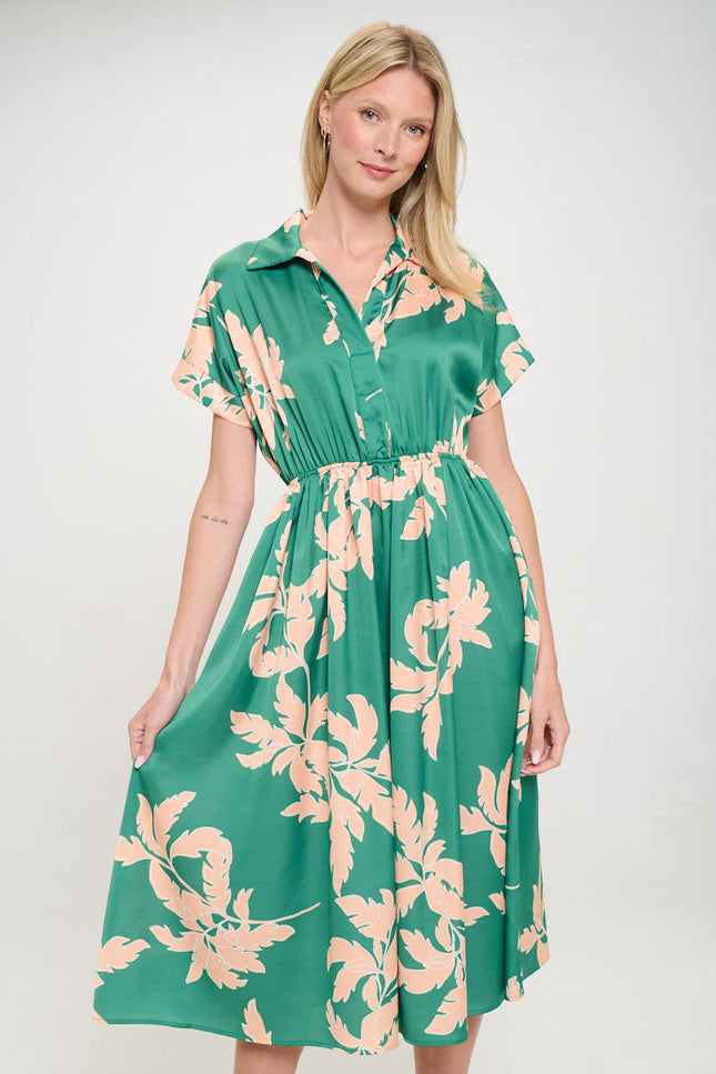 Flower Print Collared V neck Dress with Pockets-0