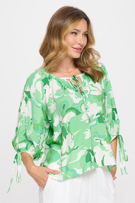 Flower Print V neck Top with Sleeve Tie-1