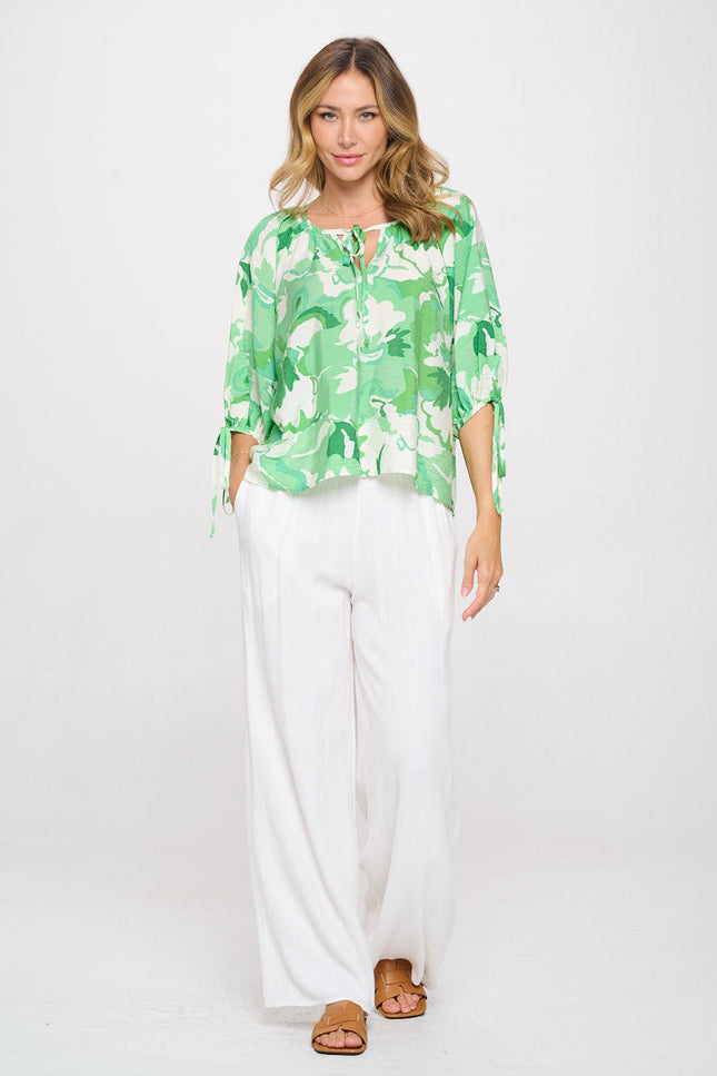 Flower Print V neck Top with Sleeve Tie-3