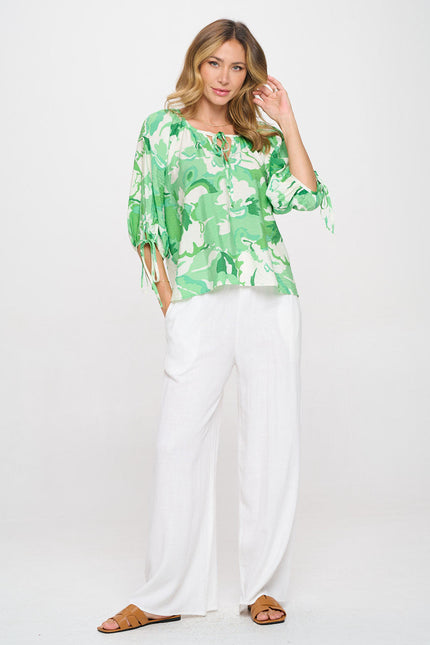 Flower Print V neck Top with Sleeve Tie-4