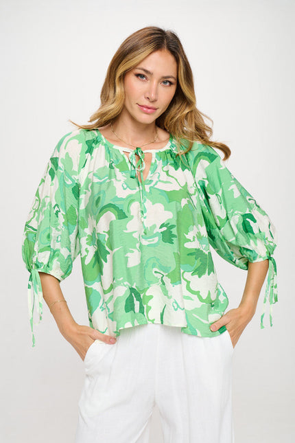 Flower Print V neck Top with Sleeve Tie-0