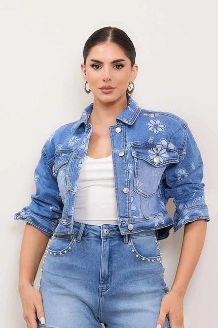 Flower Printed Denim Trucker Jacket