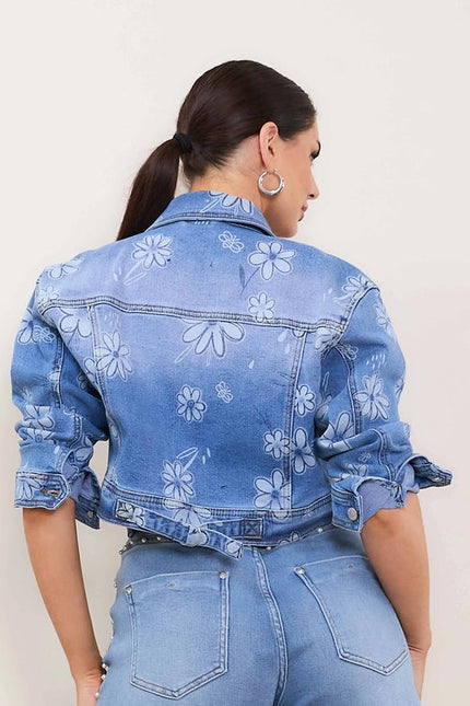 Flower Printed Denim Trucker Jacket