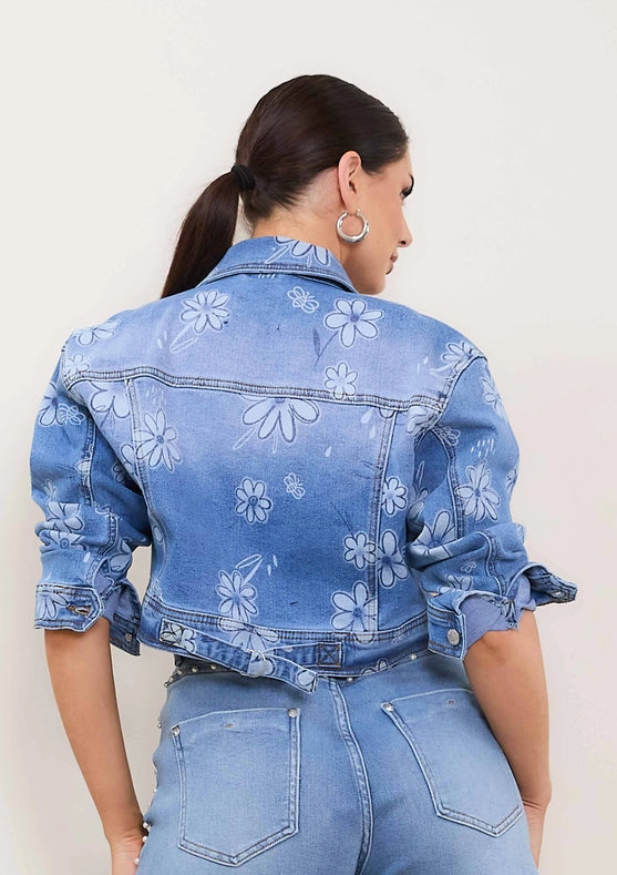 Flower Printed Denim Trucker Jacket