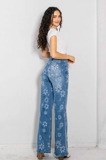 Flower Printed High-Rise Wideleg Jeans