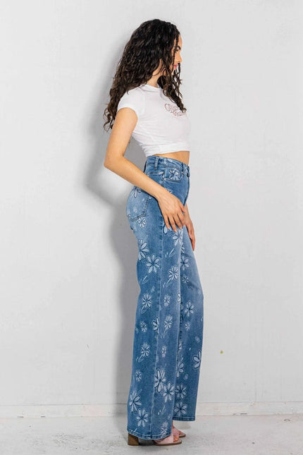 Flower Printed High-Rise Wideleg Jeans