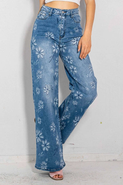 Flower Printed High-Rise Wideleg Jeans