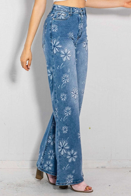 Flower Printed High-Rise Wideleg Jeans