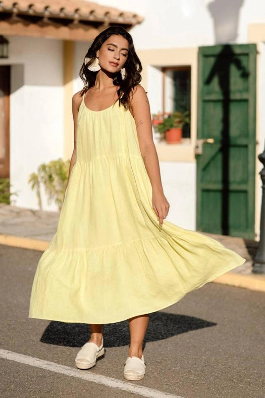 Flowy Midi Linen Dress Praslin Bright yellow