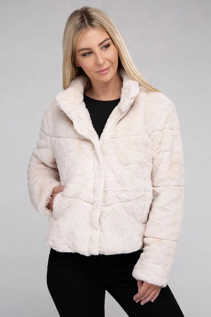 Fluffy Zip-Up Sweater Jacket Taupe