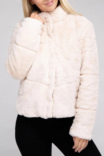 Fluffy Zip-Up Sweater Jacket Taupe