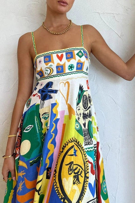 Folk Print Polyester Strap Swing Midi Dress