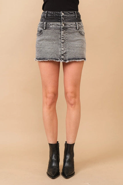 Frayed Hem Stretch Denim Mini Skirt CHARCOAL BLACK