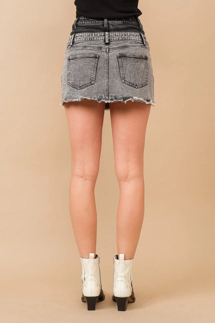 Frayed Hem Stretch Denim Mini Skirt CHARCOAL BLACK