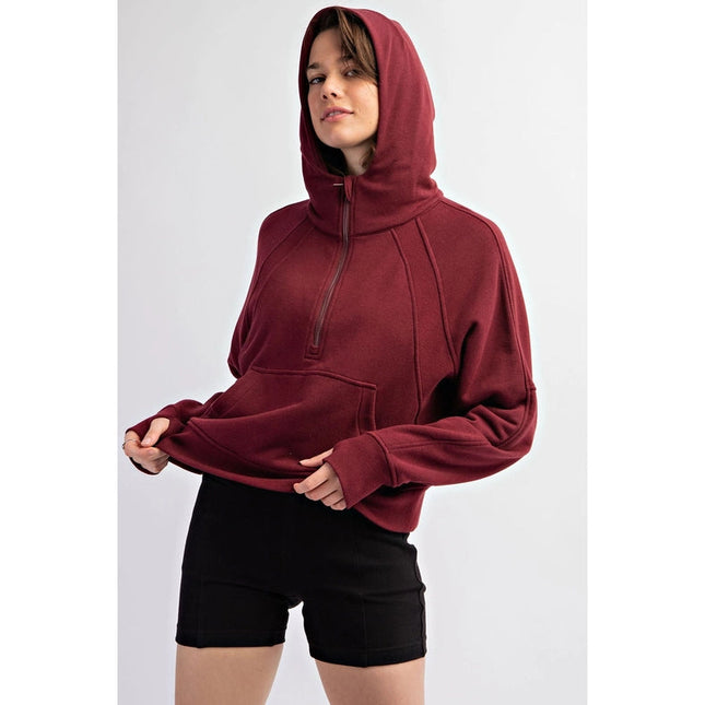 French Terry Cropped Hoodie Jacket Burgundy