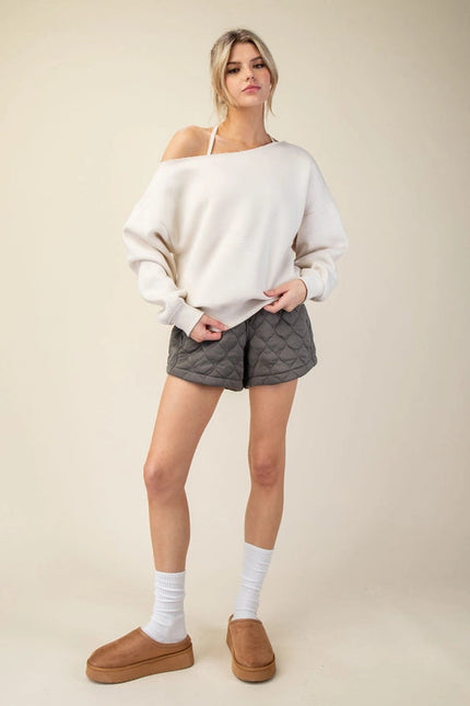 French Terry Fleece Off Shoulder Sweatshirt Bone