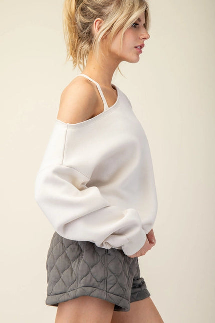 French Terry Fleece Off Shoulder Sweatshirt Bone