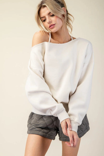 French Terry Fleece Off Shoulder Sweatshirt Bone