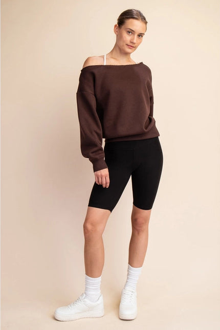 French Terry Fleece Off Shoulder Sweatshirt Espresso