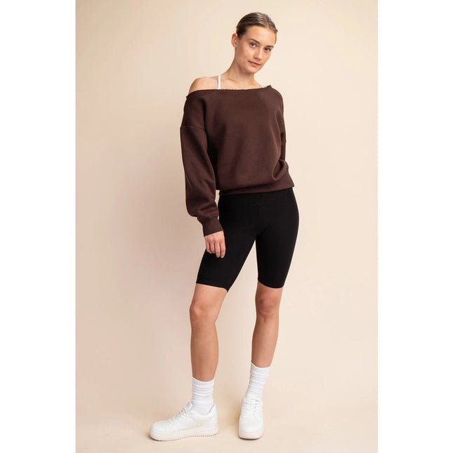 French Terry Fleece Off Shoulder Sweatshirt Espresso