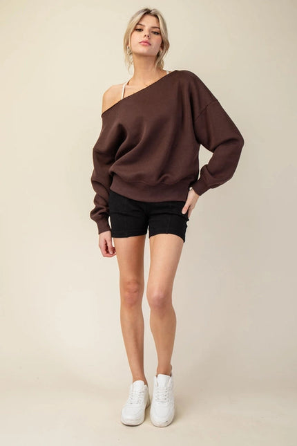 French Terry Fleece Off Shoulder Sweatshirt Espresso