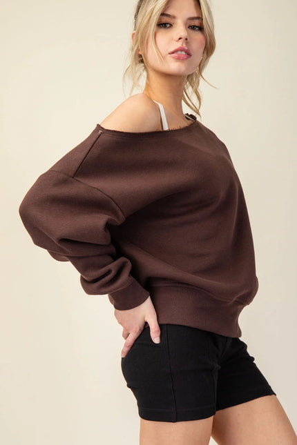 French Terry Fleece Off Shoulder Sweatshirt Espresso