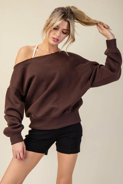 French Terry Fleece Off Shoulder Sweatshirt Espresso