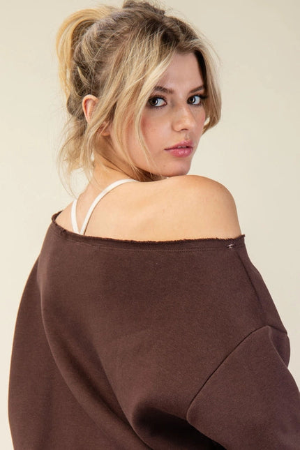 French Terry Fleece Off Shoulder Sweatshirt Espresso