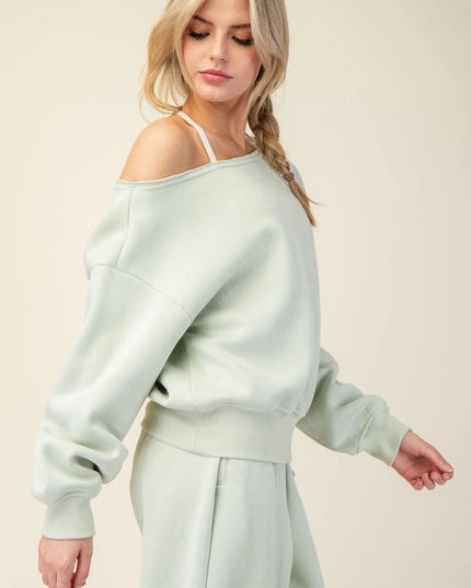 French Terry Fleece Off Shoulder Sweatshirt Eucalyptus