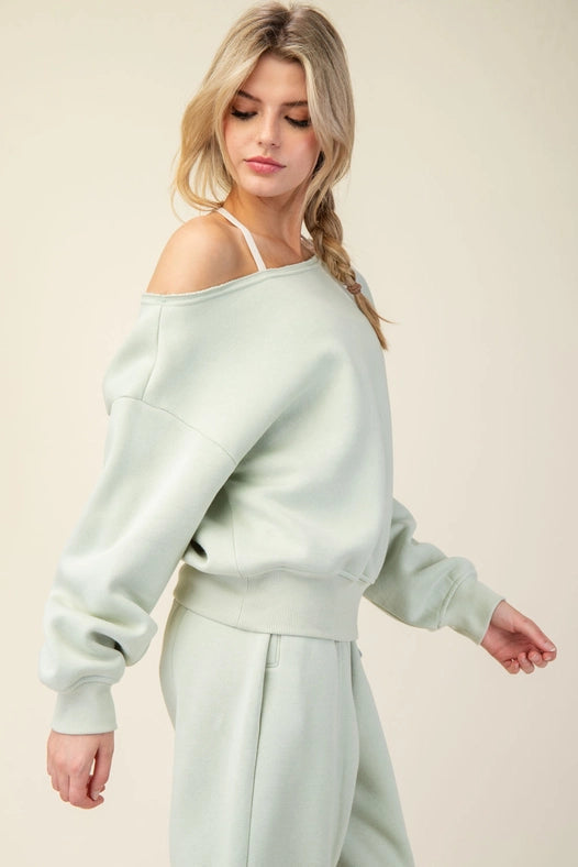 French Terry Fleece Off Shoulder Sweatshirt Eucalyptus