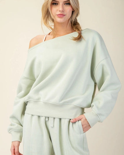 French Terry Fleece Off Shoulder Sweatshirt Eucalyptus