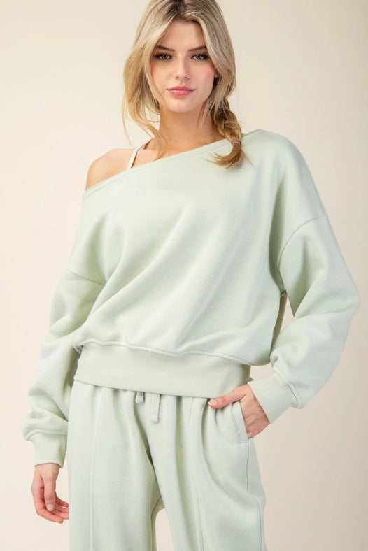 French Terry Fleece Off Shoulder Sweatshirt Eucalyptus