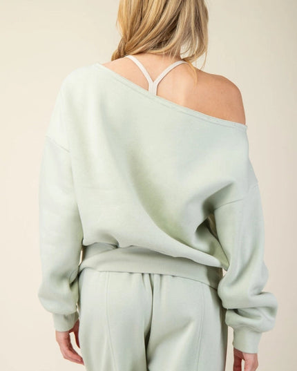 French Terry Fleece Off Shoulder Sweatshirt Eucalyptus