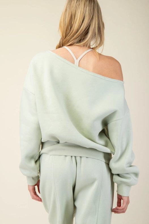 French Terry Fleece Off Shoulder Sweatshirt Eucalyptus