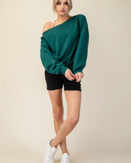 French Terry Fleece Off Shoulder Sweatshirt Hunter Green