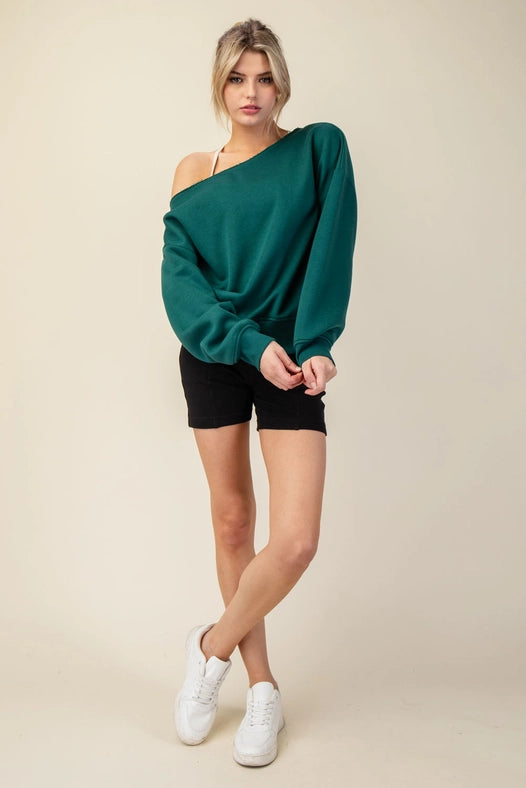 French Terry Fleece Off Shoulder Sweatshirt Hunter Green